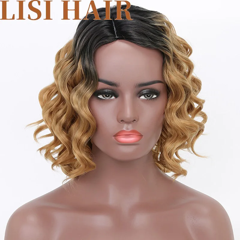 LISIHAIR Short Curly Wig Black Ombre Blonde Wigs Synthetic Wigs For Black Women