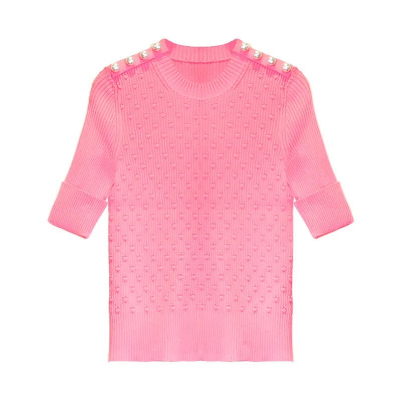 Korean Style Women Summer O-neck Buttons Solid Color Pink & Black & White Slim Elastic Knitted Blouse All-match Fashion Tops
Korean Style Women Summer O-neck Buttons Solid Color Pink & Black & White Slim Elastic Knitted Blouse All-match Fashion Tops
