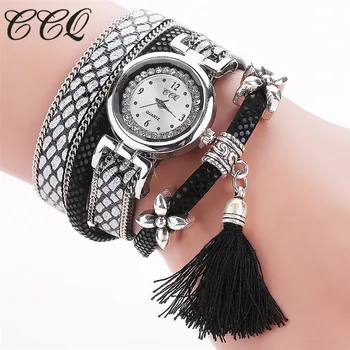 

CCQ Brand Fashion Women Bracelet Watch Silver Original Design Tassel Pendant Wristwatches Leather Vintage Quartz Watches C75