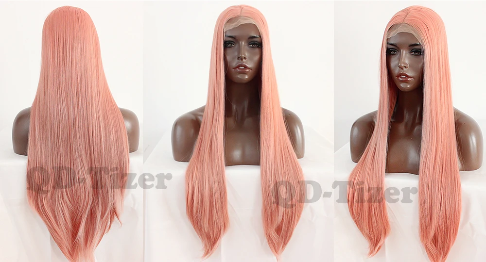 qd-tizer Peach Pink Hair Wig Pink Cosplay Synthetic Lace Front Wigs Straight Body Wavy Lace Front Wigs for Black Women