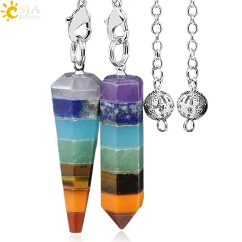 

CSJA 2016 Reiki Charm Pyramid 7 Chakra Natural Gem Stone Rainbow Layered Dowsing Healing Point Pendant Chain Pendulum Gifts E065