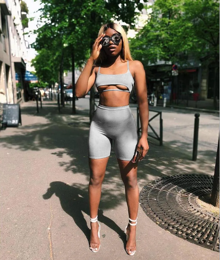 BOOFEENAA Sexy Short Two Piece Set Crop Tops and Biker Shorts Grey Black Bodycon Matching Sets Summer Clothes for Women C83-I71 19