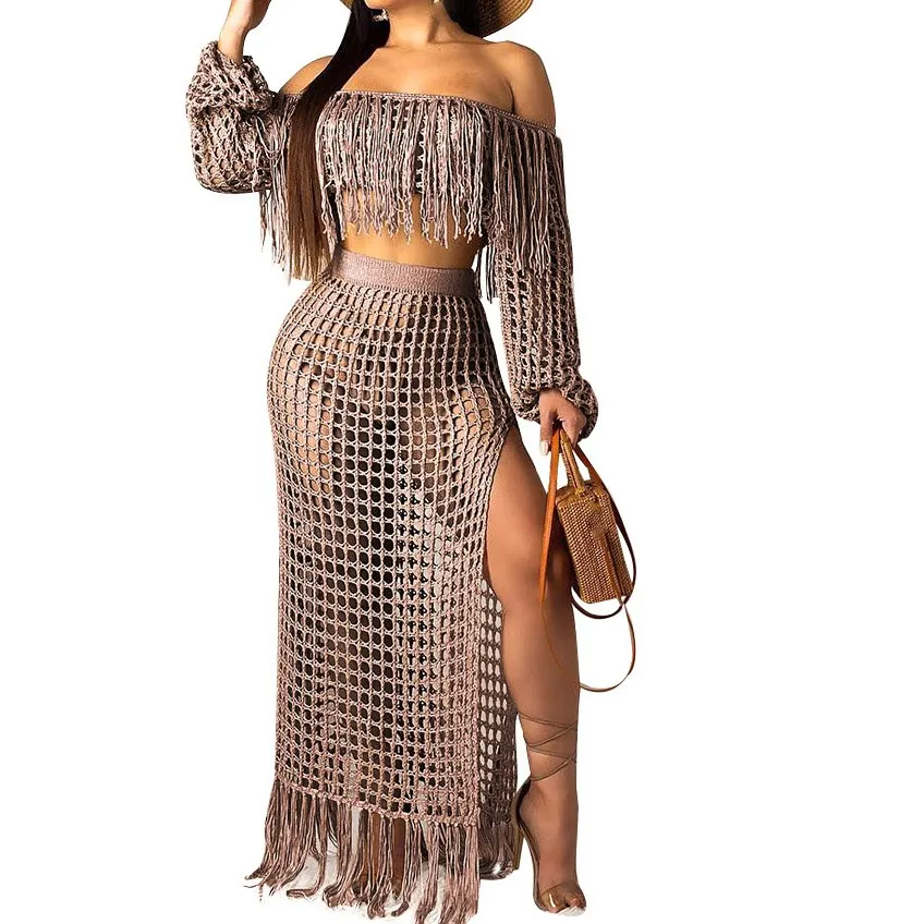 Sexy Knitted Beach Two Piece Set Women Short Tassel Tops Skirts Outfits Slash Neck Off Shoulder Tassel 2 Piece Set
Sexy Knitted Beach Two Piece Set Women Short Tassel Tops Skirts Outfits Slash Neck Off Shoulder Tassel 2 Piece Set