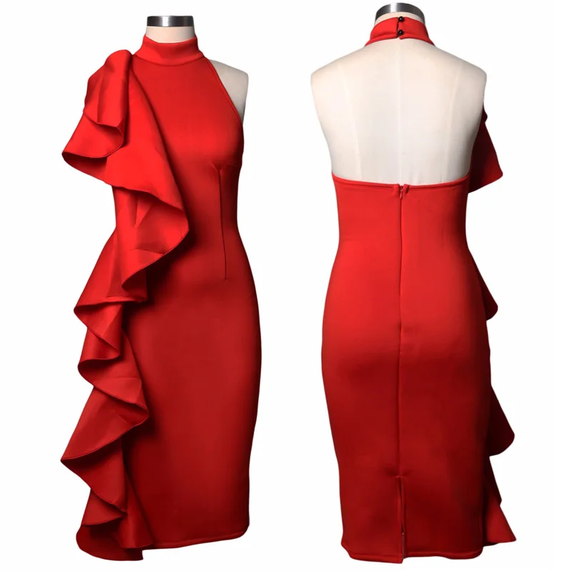 SEBOWEL 2017 Women Big Ruffles Midi Elegant Dress Sexy Open Back Bodycon Party Dress High Neck Vintage Pencil Dress (2)