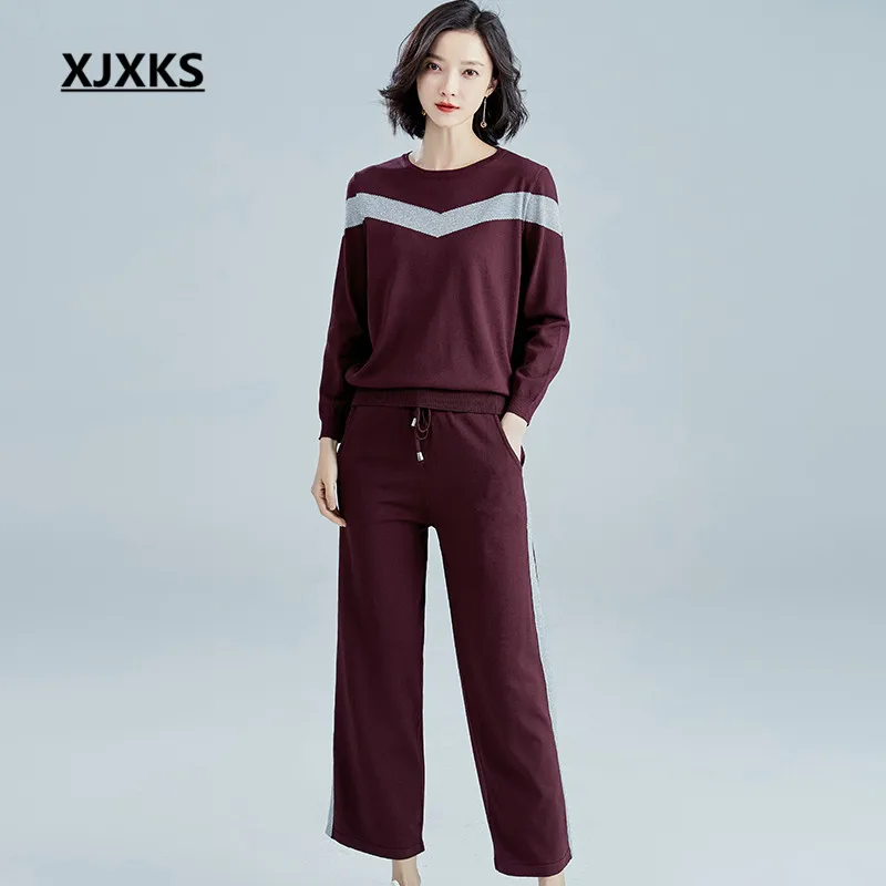 XJXKS 2019 spring summer new women's two-piece set comfortable knitted thin top + elastic waist nine pants women set
XJXKS 2019 spring summer new women's two-piece set comfortable knitted thin top + elastic waist nine pants women set