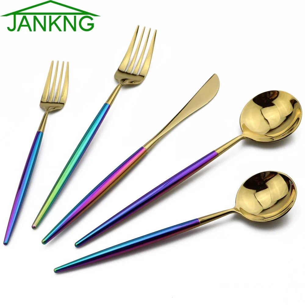 JANKNG 20-Piece Gold Rainbow Silverware Set 18/10 Stainles Steel Dinnerware Set Blazing Colorful Tableware Cutlery Set Service 4
JANKNG 20-Piece Gold Rainbow Silverware Set 18/10 Stainles Steel Dinnerware Set Blazing Colorful Tableware Cutlery Set Service 4