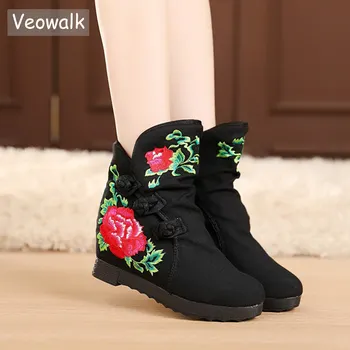 Veowalk Red Flower Embroidered Winter Women Canvas Short Boots, Hidden Wedged Vintage Ladies Casual Warm Cotton Boots ur Lining 
Veowalk Red Flower Embroidered Winter Women Canvas Short Boots, Hidden Wedged Vintage Ladies Casual Warm Cotton Boots ur Lining