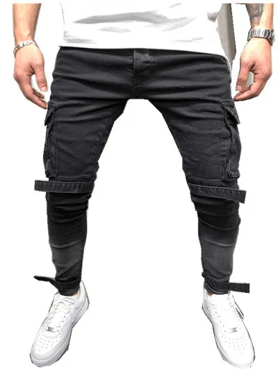 

2018 New Arrived Men Cargo Pockets biker jeans denim slim supper skinny hip hop jeans men