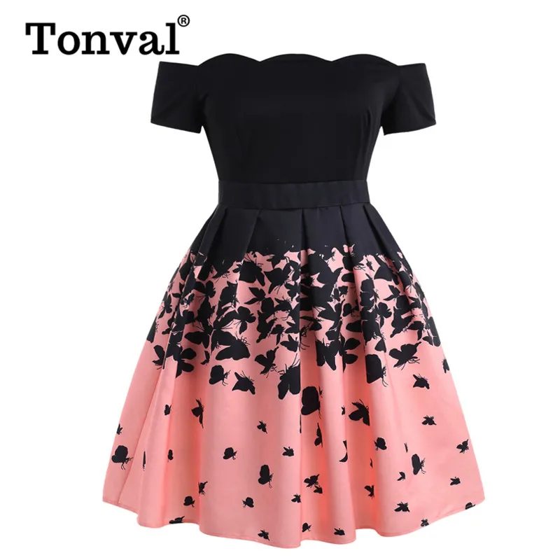 Tonval Plus Size 5XL Vintage Clothes Women Black and Pink Butterfly Print Elegant Dress Scallop Trim Off Shoulder Party Dress 
Tonval Plus Size 5XL Vintage Clothes Women Black and Pink Butterfly Print Elegant Dress Scallop Trim Off Shoulder Party Dress
