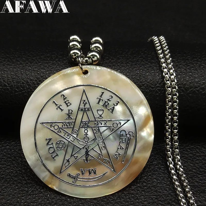 

2019 Fashion Wicca Pentagram Shell Stainless Steel Chain Necklace Women Silver Color Big Round Necklace Jewelry colgante N18644