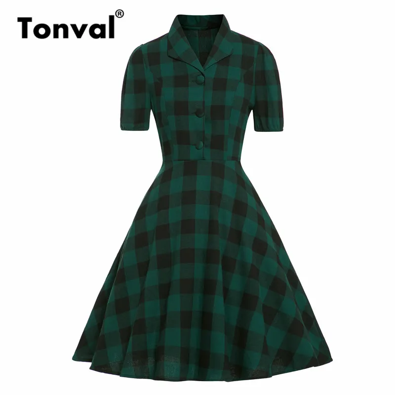 Tonval Pin Up Vintage Green Plaid Elegant Dress Women Turn-Down Collar Pocket Side Cotton Dress Gingham Rockabilly Dresses
Tonval Pin Up Vintage Green Plaid Elegant Dress Women Turn-Down Collar Pocket Side Cotton Dress Gingham Rockabilly Dresses