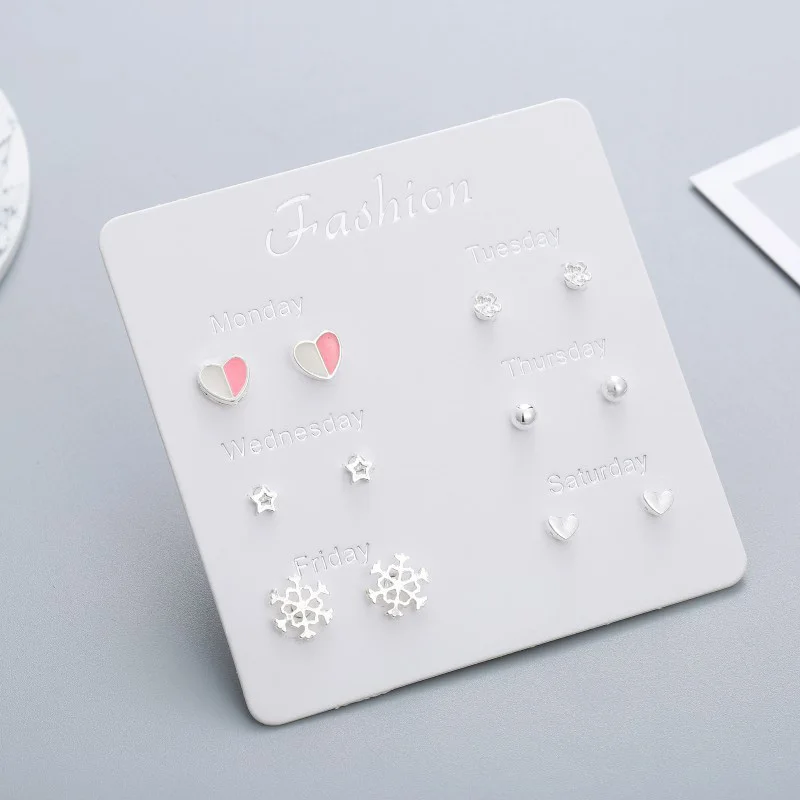 6 Pairs/set One Week Earring 2019 Fashion Silver Stud Earrings Set For Women Heart Star Snowflake Small Earring Girls Jewelry
6 Pairs/set One Week Earring 2019 Fashion Silver Stud Earrings Set For Women Heart Star Snowflake Small Earring Girls Jewelry