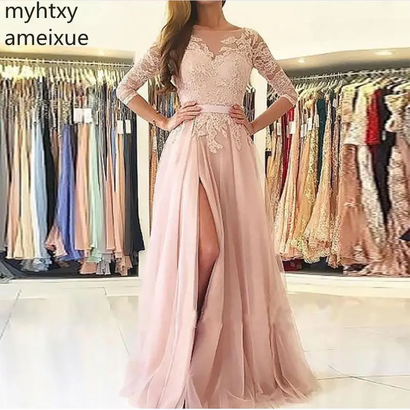 Event Half Sleeves Lace Appliques Prom Dresses 2019 New Formal Party Gowns Sexy Front Split Pink Long Tulle Elegant
Event Half Sleeves Lace Appliques Prom Dresses 2019 New Formal Party Gowns Sexy Front Split Pink Long Tulle Elegant