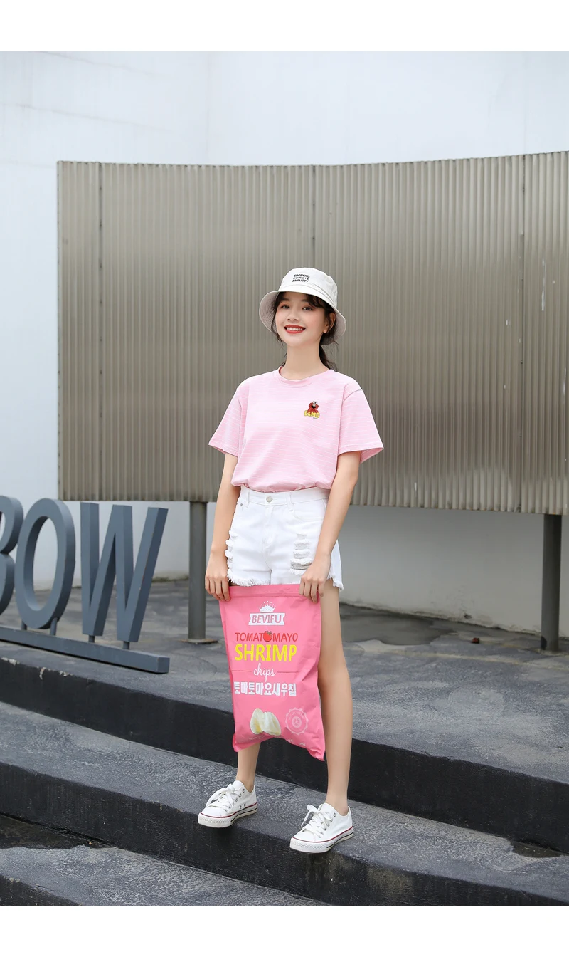 Sesame Street Elmo T Shirt Women Casual Harajuku Kawaii Cartoon Print Tshirt Loose Streetwear Tumblr Ulzzang Cotton Striped Tops (12)