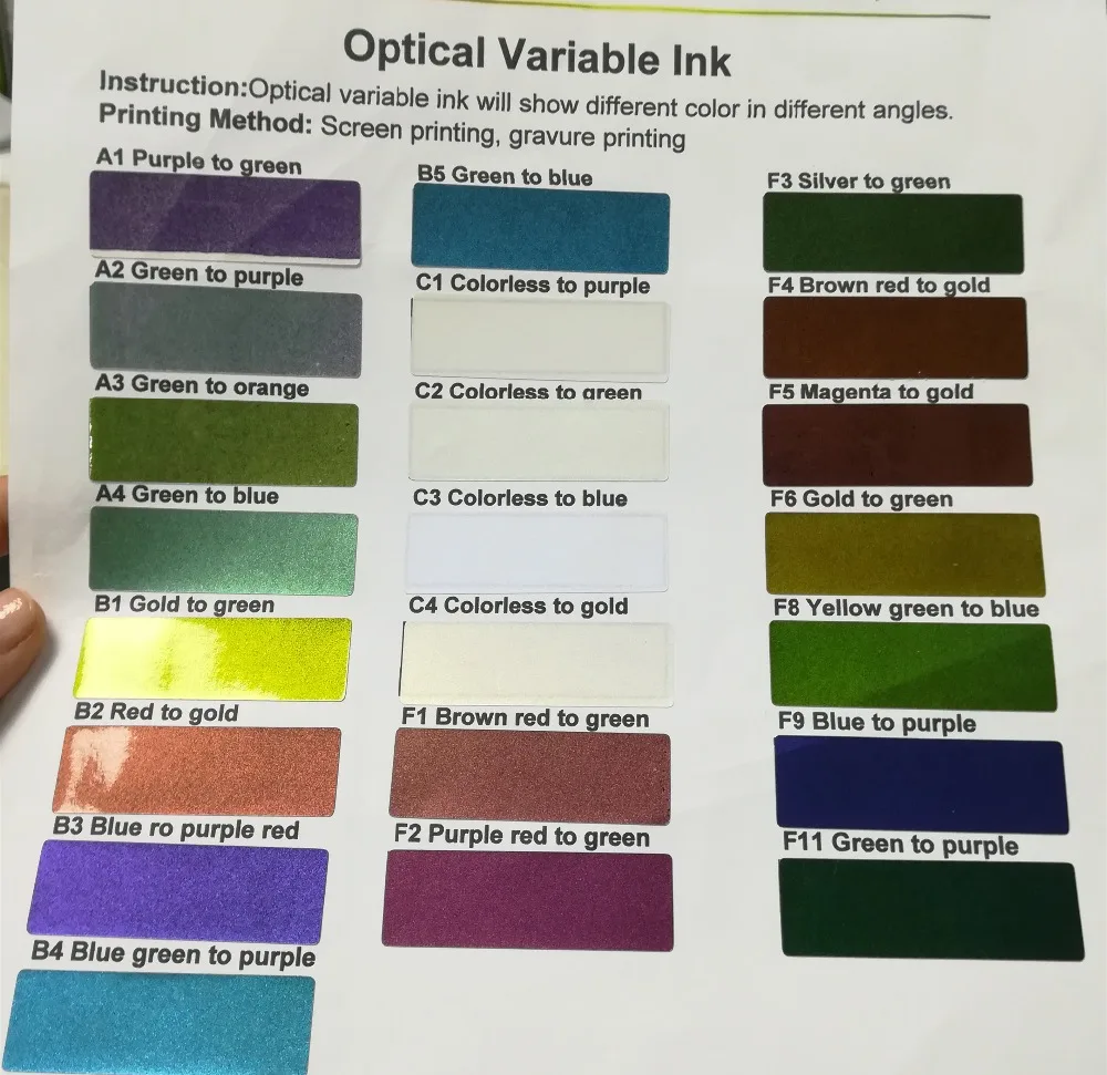 A3:sample order,0.2kg/can,Screen Optical Variable Ink,color change in different angle,shipping by Fedex.
A3:sample order,0.2kg/can,Screen Optical Variable Ink,color change in different angle,shipping by Fedex.