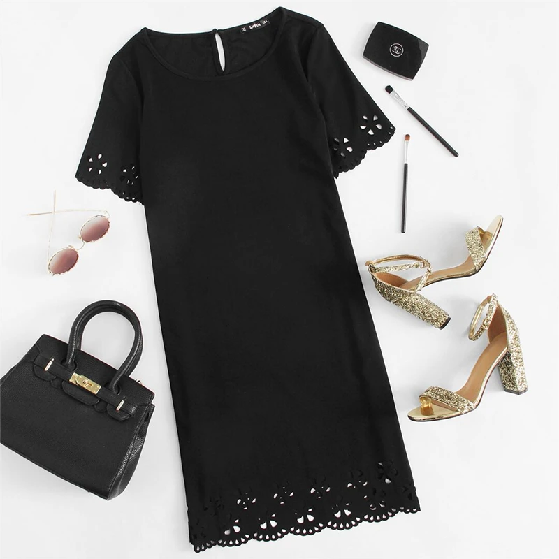 black O Neck Short Sleeve Straight Lace Dress