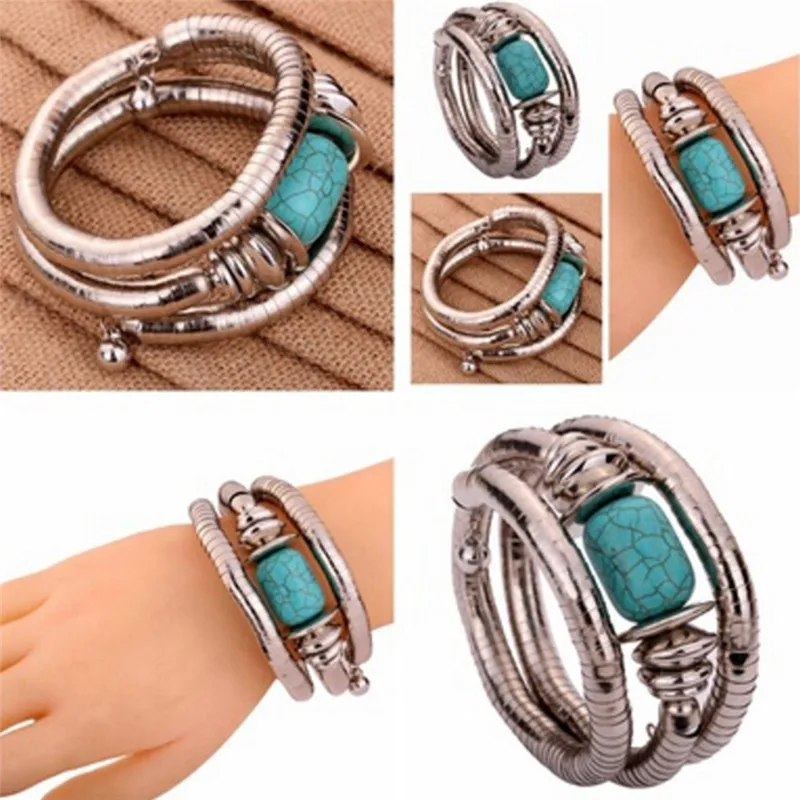 

Vintage Bohemian Style Tibetan Bracelet Silver Color Carved Round Howlite Bangle Gift For Women Design Cuff Statement Jewelry