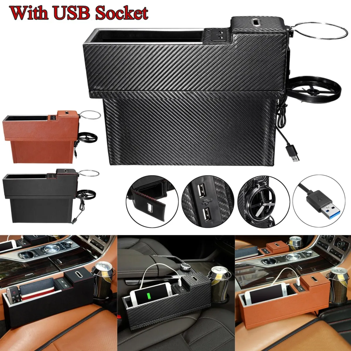 Black/Brown/Carbon Passenger side Car Seat Gap Storage Box with USB Socket for Pocket Organizer Phone Key Drink Holder Universal
Black/Brown/Carbon Passenger side Car Seat Gap Storage Box with USB Socket for Pocket Organizer Phone Key Drink Holder Universal