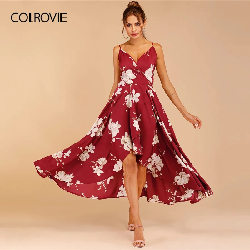 

COLROVIE Burgundy Floral Print Tulip Hem Surplice Cami Dress Women 2019 Summer Boho Sleeveless Glamorous High Waist Ladies Dress