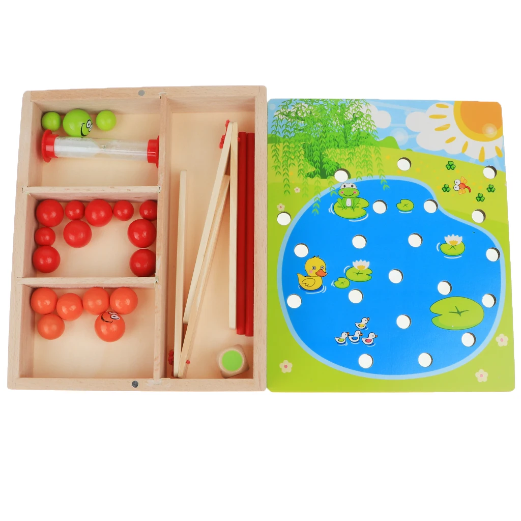 Kids Montessori Educational Wooden Toy, Colorful Clip Ball Board Game Playset in a Wooden Box for Boys and Girls Gift