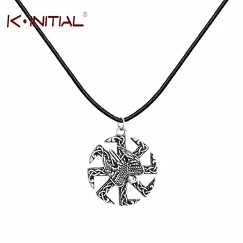 Kinitial 1Pcs Black Leather Falcon Kolovrat Amulet Pendant Slavic Kolovrat Amulet Pagan Pendants Slavic Pendant Necklace Jewelry