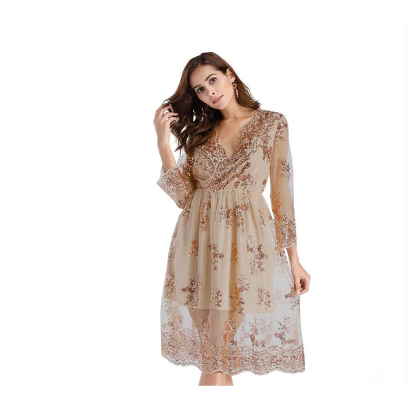 2019 New Spring Summer Sequined Deep V-neck Cropped Sleeve Elastic Waist Sexy Dress vestidos C0411
2019 New Spring Summer Sequined Deep V-neck Cropped Sleeve Elastic Waist Sexy Dress vestidos C0411
