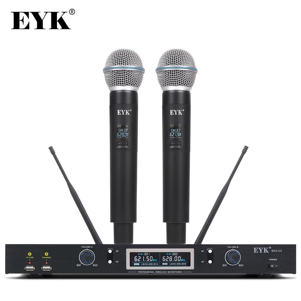 EYK EFU-C2 Professional Karaoke UHF Wireless Microphone System Long Range 2 Channel 2 Handheld Mic Transmitter with USB Charging
EYK EFU-C2 Professional Karaoke UHF Wireless Microphone System Long Range 2 Channel 2 Handheld Mic Transmitter with USB Charging