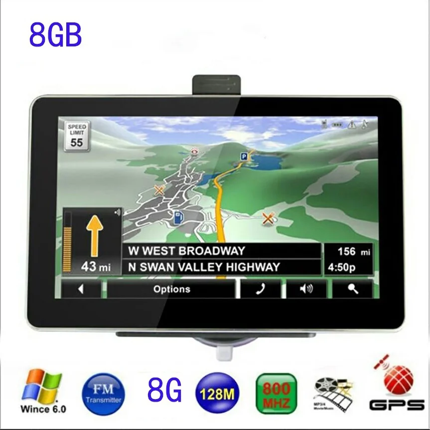7 дюймовый автомобильный GPS навигатор 8 ГБ с FM MP3 MP4 256 Мб DDR/800 МГц подробные карты
