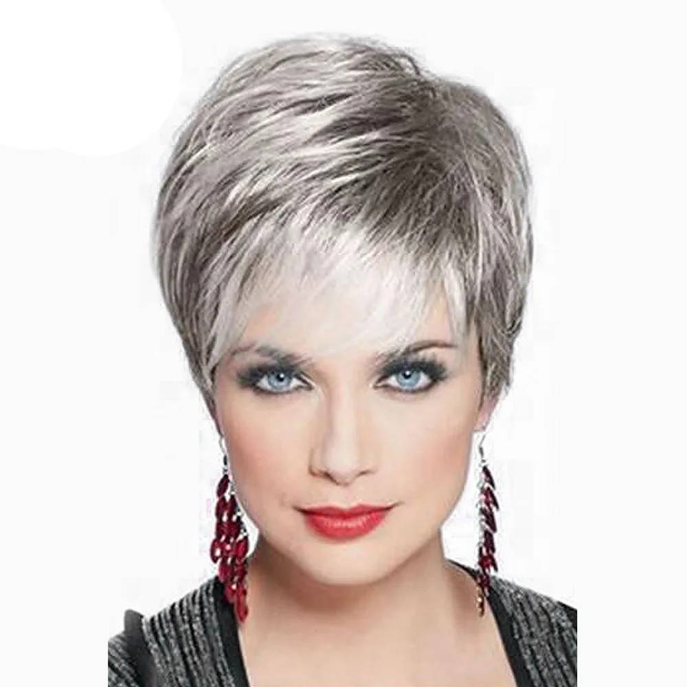 Short Hair Wig Gray Real Remy Human Hair Topper Toupee Clip