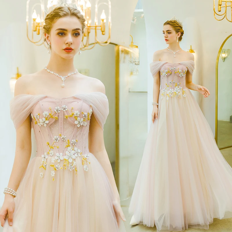 Pink Prom Dress Off Shoulder Bridesmaids Lace Appliques Dress Beaded Long Floor Length Evening Gown