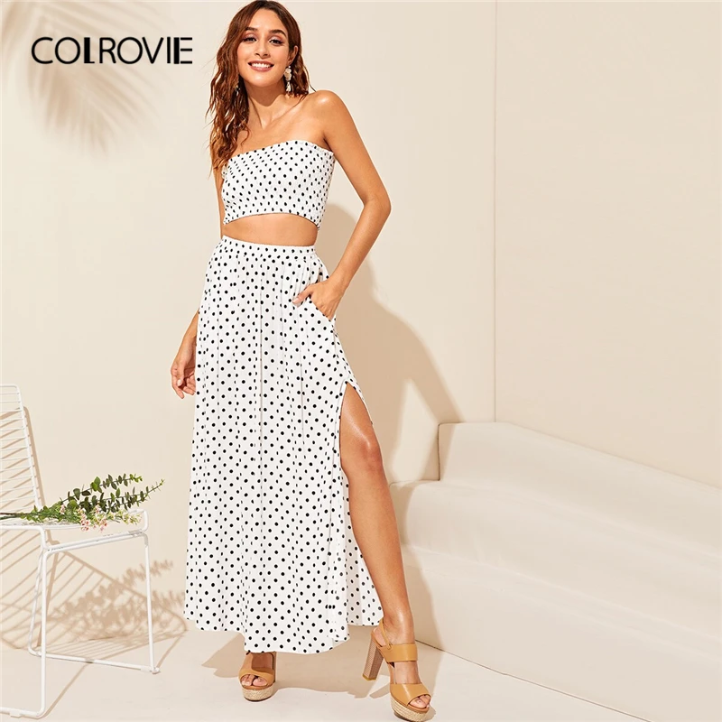 

COLROVIE White Polka Dot Shirred Bandeau Top And Split Side Long Skirt Women Boho 2 Piece Outfits 2019 Summer Two Piece Set