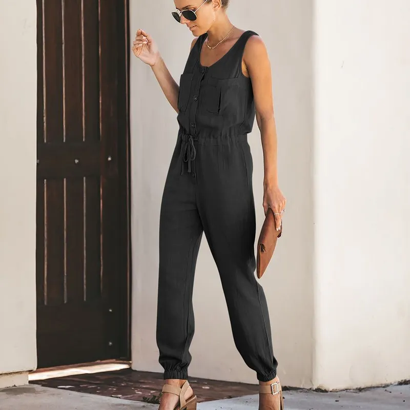 Women Casual Summer Jumpsuit Lace Up Pockets Buttons Rompers Womens Jumpsuit Sleeveless Office Overalls
Women Casual Summer Jumpsuit Lace Up Pockets Buttons Rompers Womens Jumpsuit Sleeveless Office Overalls