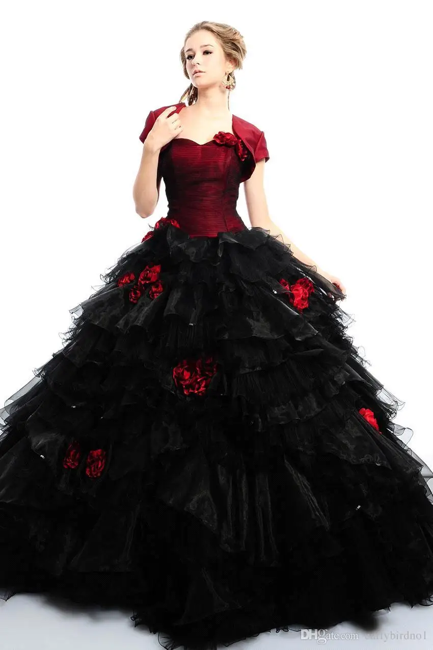 Vintage Black And Burgundy Red Gothic Wedding Dresses With Jacket Two Tones Puffy Ball Gown Tiered Organza Colorful Bridal Gowns
Vintage Black And Burgundy Red Gothic Wedding Dresses With Jacket Two Tones Puffy Ball Gown Tiered Organza Colorful Bridal Gowns