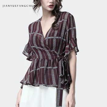 Belt Lace Up Vintage Peplum Tops Newest 2019 Summer Women' Blouse Shirt Sexy V-Neck Ruffle Sleeve Bodycon Female Striped Clothes
Belt Lace Up Vintage Peplum Tops Newest 2019 Summer Women' Blouse Shirt Sexy V-Neck Ruffle Sleeve Bodycon Female Striped Clothes