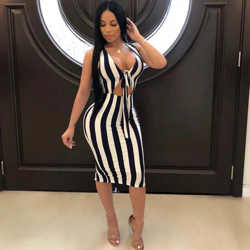 2018 New Summer Vertical Striped Bandage Dress Women Bow Deep-V neck Tight Midi Dress Sexy package hip Club Dresses Vestidos
2018 New Summer Vertical Striped Bandage Dress Women Bow Deep-V neck Tight Midi Dress Sexy package hip Club Dresses Vestidos