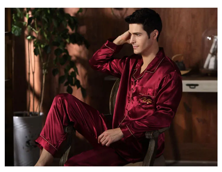 CherLemon High Quality Silk Men Pajamas Sleepwear Long-Sleeved Silk Satin Nightwear Soft Spring Autumn Pyjamas Plus Size M-4XL 22