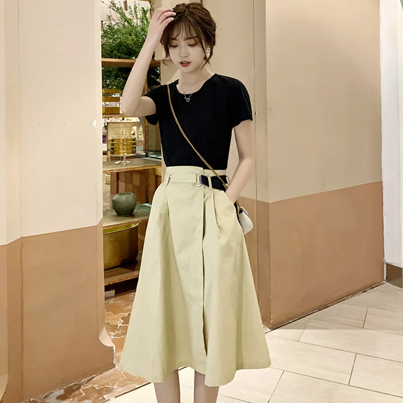 Two-piece Skirt Summer for Women 2019 New Short Sleeve Black Tee Top and Loose Casual High Waist Long Skirt 2 Piece Set Clothing
Two-piece Skirt Summer for Women 2019 New Short Sleeve Black Tee Top and Loose Casual High Waist Long Skirt 2 Piece Set Clothing