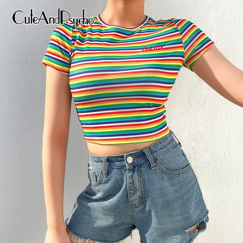 2019 Rainbow Print Sexy Women Summer TShirt Short Sleeve Embroidery Casual Harajuku Tee Shirt Crop Tops Streetwear Cuteandpsycho
2019 Rainbow Print Sexy Women Summer TShirt Short Sleeve Embroidery Casual Harajuku Tee Shirt Crop Tops Streetwear Cuteandpsycho