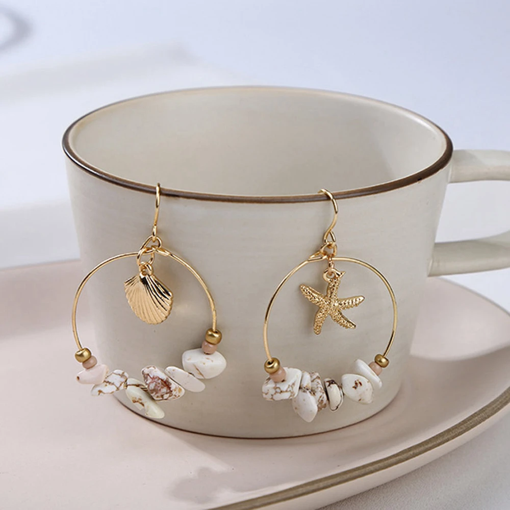 Summer Jewelry Vintage Gold Alloy Sea Shell Sterfhish Dangle Errings Round Circle With Stone Beads Asymmetric earring
Summer Jewelry Vintage Gold Alloy Sea Shell Sterfhish Dangle Errings Round Circle With Stone Beads Asymmetric earring