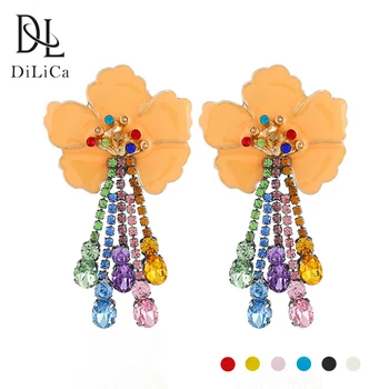 

DiLiCa Trendy Flower Earrings Women Metal Enamel Rhinestone Statement Earrings Female Charming Tassel Earring Dangle Jewelry