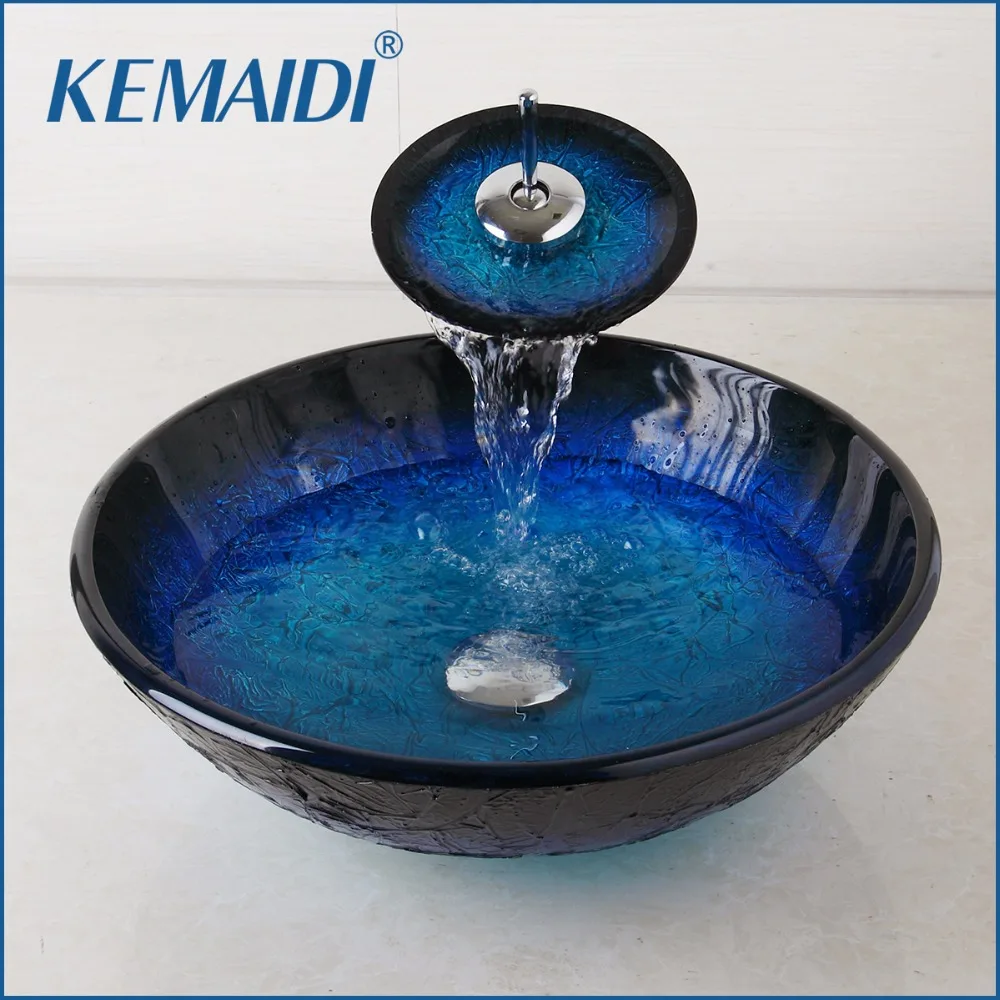 

KEMAIDI Tempered Painting Glass Basin Sink Bathroom Waterfall Washbasin Lavatory Combine Vessel Vanity Tap Mixer Faucet Set