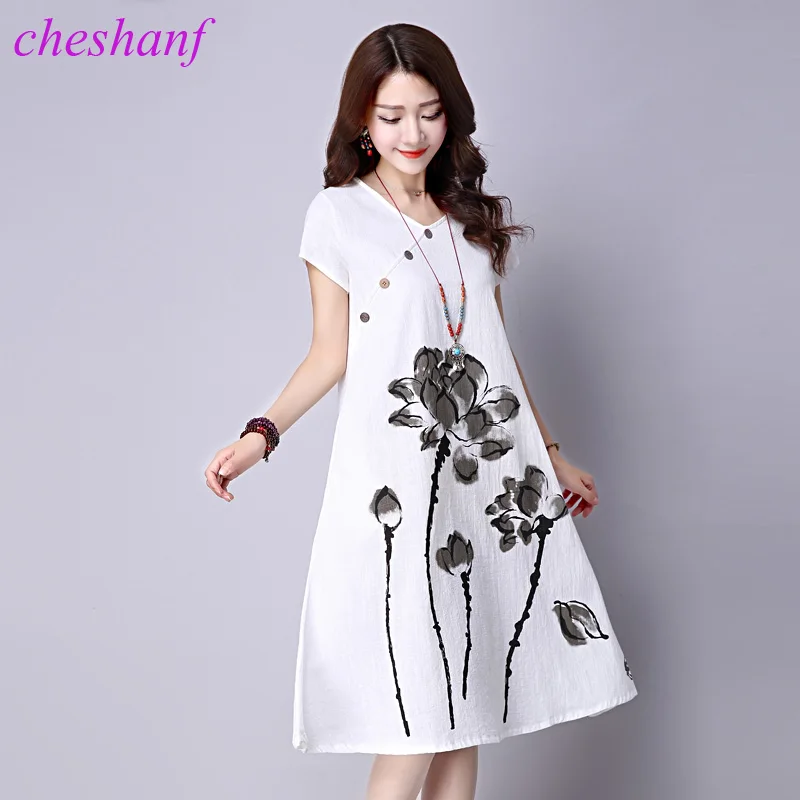 Loose Cozy Women Summer Casual Dress New 2021 Fashion Lotus Pattern Print Short Sleeve Cotton Linen Comfortable Long Dresses #15 | Женская