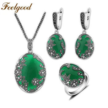 Feelgood New Vintage bijouterie Big Green Resin Artificial Stone And Carved Flowers Silver Color Jewelry Set For Women Gift
Feelgood New Vintage bijouterie Big Green Resin Artificial Stone And Carved Flowers Silver Color Jewelry Set For Women Gift