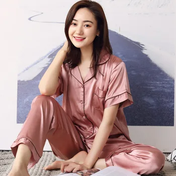 New Spring Summer Women Ladies Sexy Satin Silk Pajamas Sets Short Sleeve Tops+Pants Sleepwear mujer Nightwear pyjama femme
New Spring Summer Women Ladies Sexy Satin Silk Pajamas Sets Short Sleeve Tops+Pants Sleepwear mujer Nightwear pyjama femme