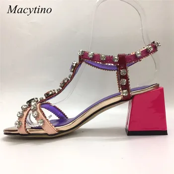 Macytino Ankle Buckle T-strap Crystal Sandals Summer Genuine Leather Bicolor Hot Pink Block Heel Girl's Fashion Shoes Women
Macytino Ankle Buckle T-strap Crystal Sandals Summer Genuine Leather Bicolor Hot Pink Block Heel Girl's Fashion Shoes Women