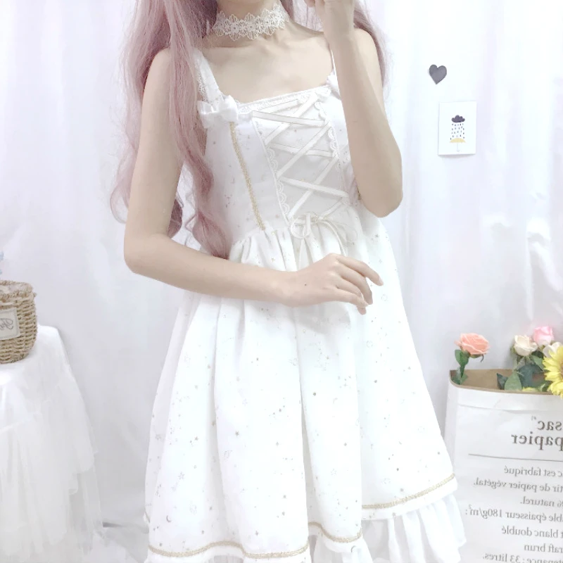 Lolita Sweet Cute Tie Bow Spaghetti Strap A-Line Girls Dress Vintage Elastic Tie Waist Lovely Starry Sky Princess Dress Cosplay
Lolita Sweet Cute Tie Bow Spaghetti Strap A-Line Girls Dress Vintage Elastic Tie Waist Lovely Starry Sky Princess Dress Cosplay