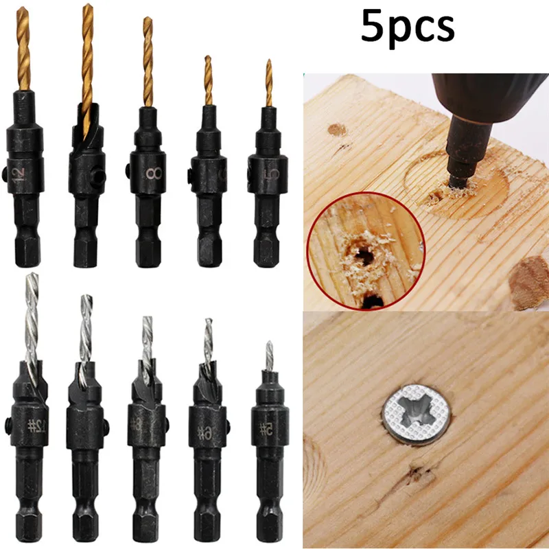 5pcs Countersink Drill Woodworking Drill Bit Set Drilling Pilot Holes With Hex Key Wrench Titanium Coated #5 #6 #8 #10 #12
5pcs Countersink Drill Woodworking Drill Bit Set Drilling Pilot Holes With Hex Key Wrench Titanium Coated #5 #6 #8 #10 #12
