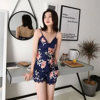 Floral Pattern Women Pajama Set Sleeveless Spaghetii Strap Top Shorts Two Piece Suit Faux Silk Rayon Satin Sleepwear Home Wear
Floral Pattern Women Pajama Set Sleeveless Spaghetii Strap Top Shorts Two Piece Suit Faux Silk Rayon Satin Sleepwear Home Wear