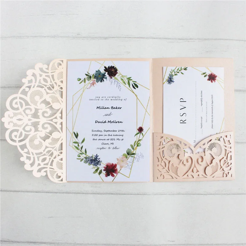 Invitation card wedding laser cut with envelop elegant dusty pink tri-folding offer customized printing multi colors 50pcs
Invitation card wedding laser cut with envelop elegant dusty pink tri-folding offer customized printing multi colors 50pcs