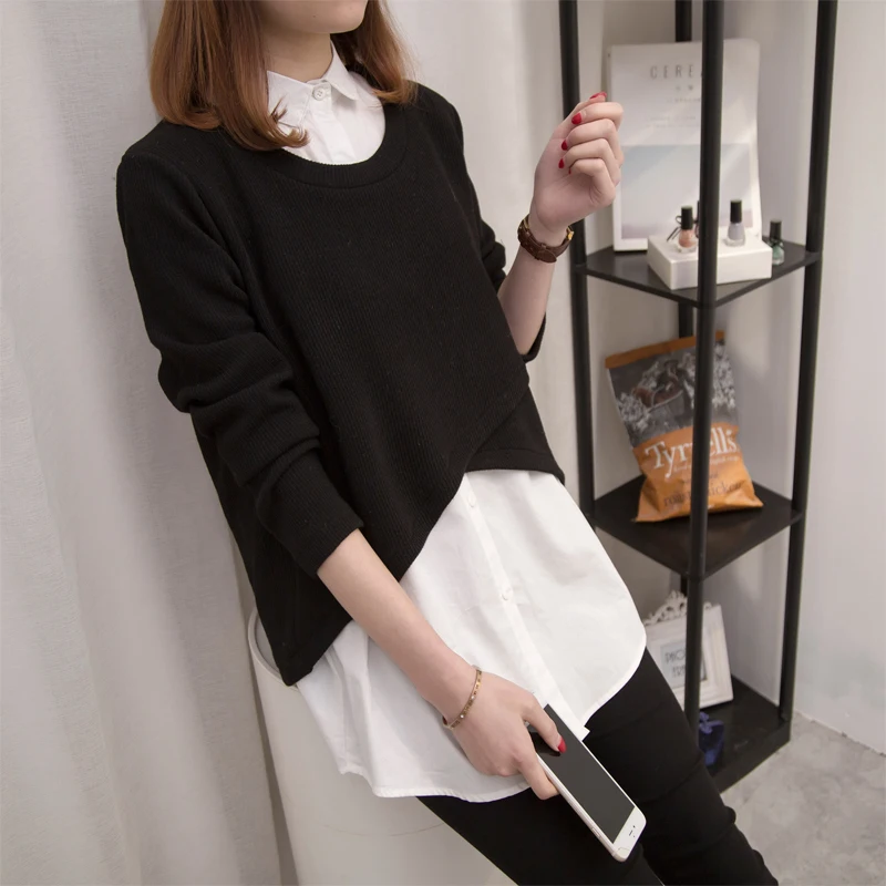 xl - 5xl new female casual loose fake two-piece blouse long sleeve turn down collar black and white shirts K111 
xl - 5xl new female casual loose fake two-piece blouse long sleeve turn down collar black and white shirts K111